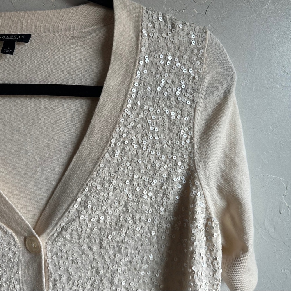 Talbots Sequin Cardigan Cream Coquette Balletcore Soft Girl Old Money Sz L - Picture 6 of 13